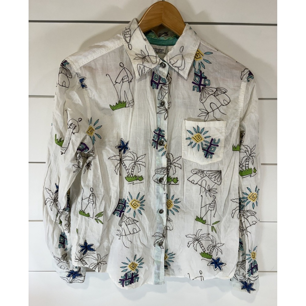 Units Women's White Embroidered Button Down Graphics Shirt Blouse Size Medium M